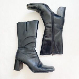 Square Toe Block Heel Genuine Black Leather Mid Calf Boots Made in Brazil